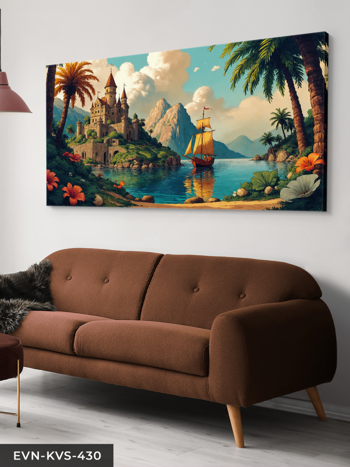 Şato ve Kayık Tek Parça Kanvas - Canvas Tablo 140 x 90 CM - Çok Renkli