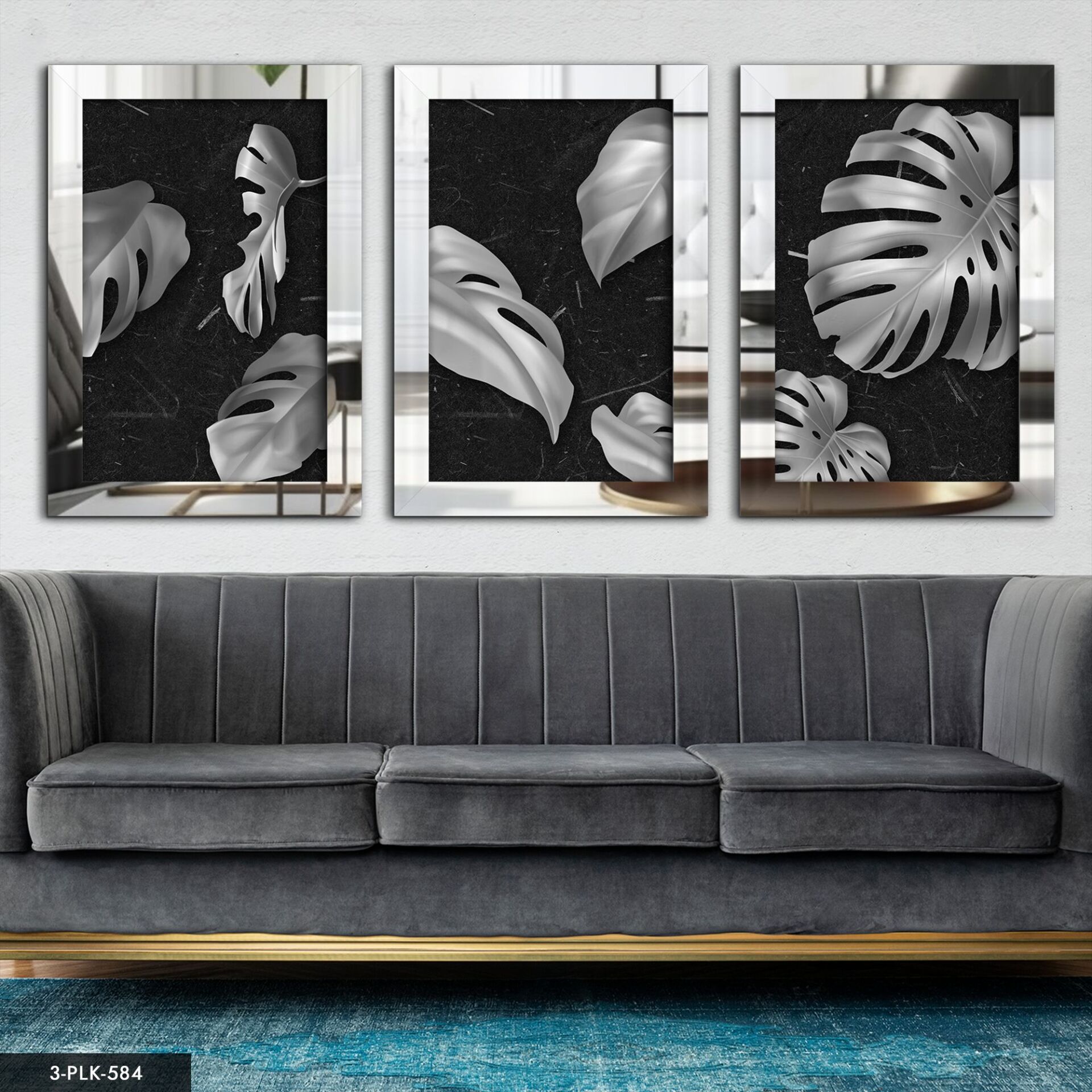 Gold Yapraklar  3 Parça Pleksi Aynalı Tablo 60 x 80 CM - Gümüş