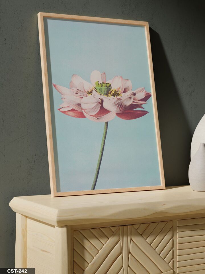 Pembe Lotus Tek Parça Ahşap Çerçeveli Tablo Naturel - 40 x 60 CM