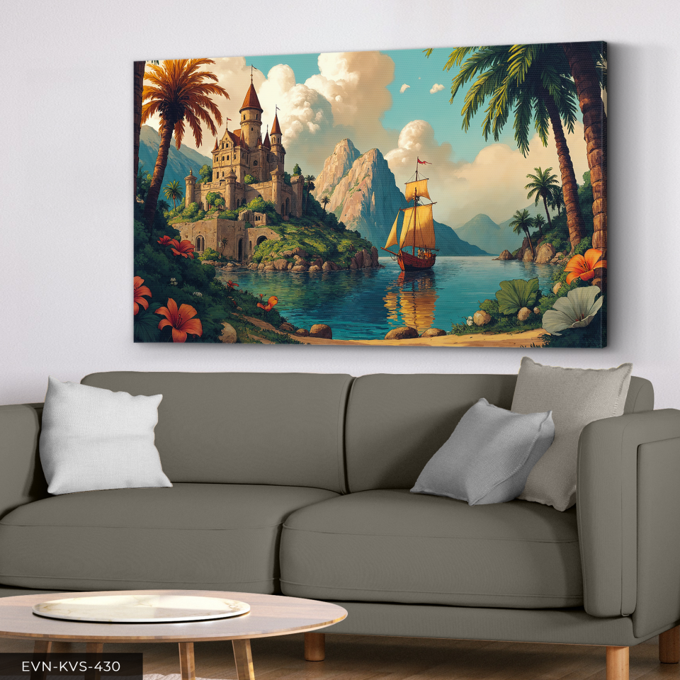 Şato ve Kayık Tek Parça Kanvas - Canvas Tablo 140 x 90 CM - Çok Renkli