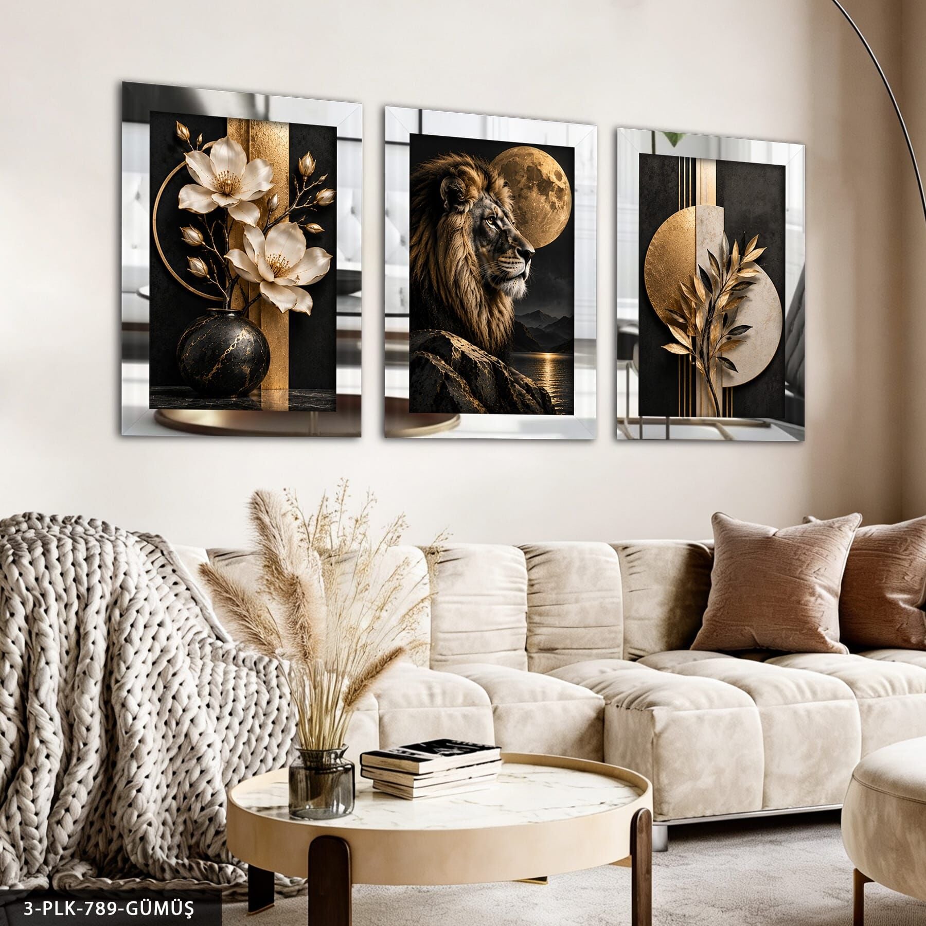 Vazoda Beyaz Çiçek Aslan ve Bitki 3 Parça Pleksi Aynalı Tablo Gümüş - 50 x 70 CM