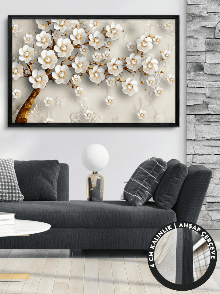 Gold Yapraklı Çiçekli Ağaç Tek Parça Çerçeveli Kanvas - Canvas Tablo 48x68 CM