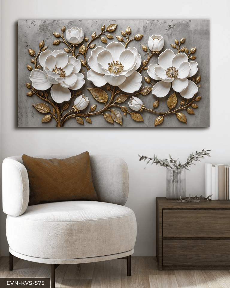 Gold Yapraklı Beyaz Çiçek Tek Parça Kanvas - Canvas Tablo 90 x 50 CM - Çok Renkli