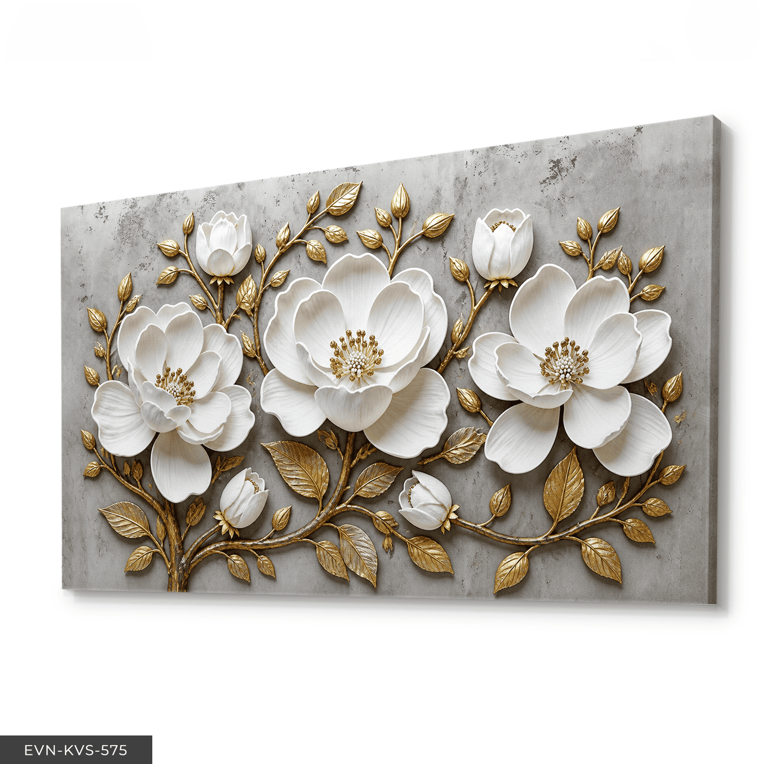 Gold Yapraklı Beyaz Çiçek Tek Parça Kanvas - Canvas Tablo 90 x 50 CM - Çok Renkli