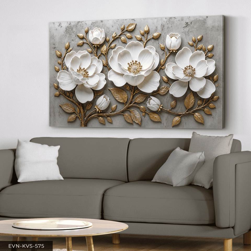Gold Yapraklı Beyaz Çiçek Tek Parça Kanvas - Canvas Tablo 90 x 50 CM - Çok Renkli