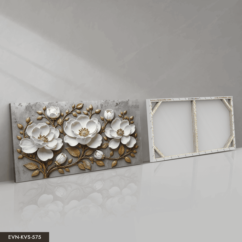 Gold Yapraklı Beyaz Çiçek Tek Parça Kanvas - Canvas Tablo 90 x 50 CM - Çok Renkli