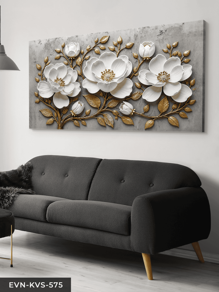Gold Yapraklı Beyaz Çiçek Tek Parça Kanvas - Canvas Tablo 90 x 50 CM - Çok Renkli