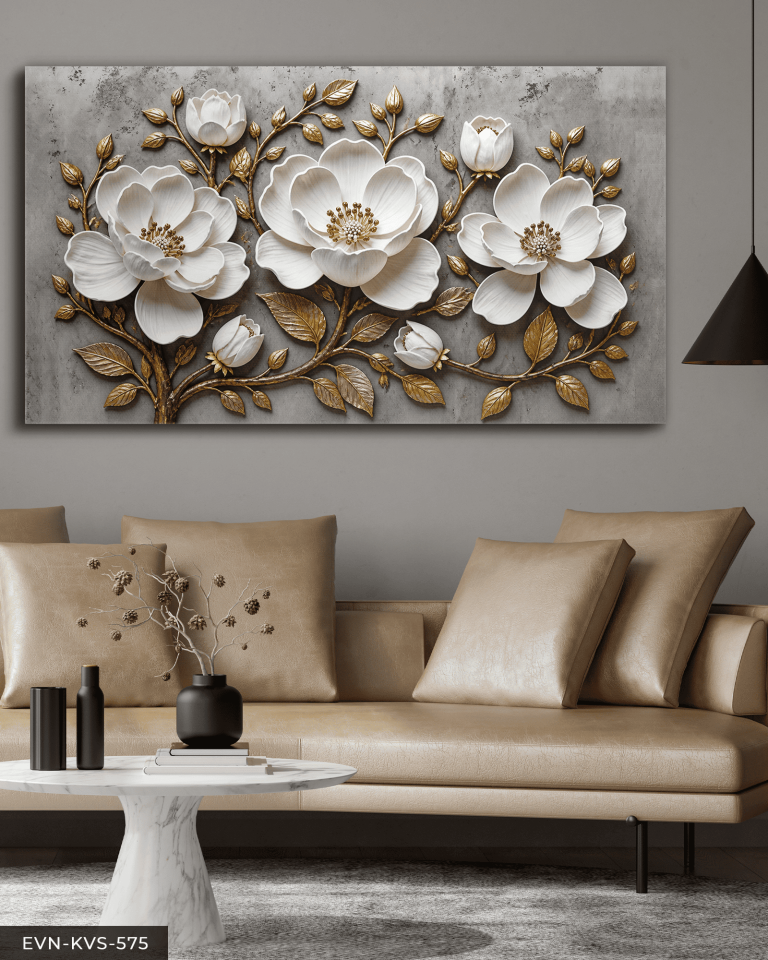 Gold Yapraklı Beyaz Çiçek Tek Parça Kanvas - Canvas Tablo 90 x 50 CM - Çok Renkli