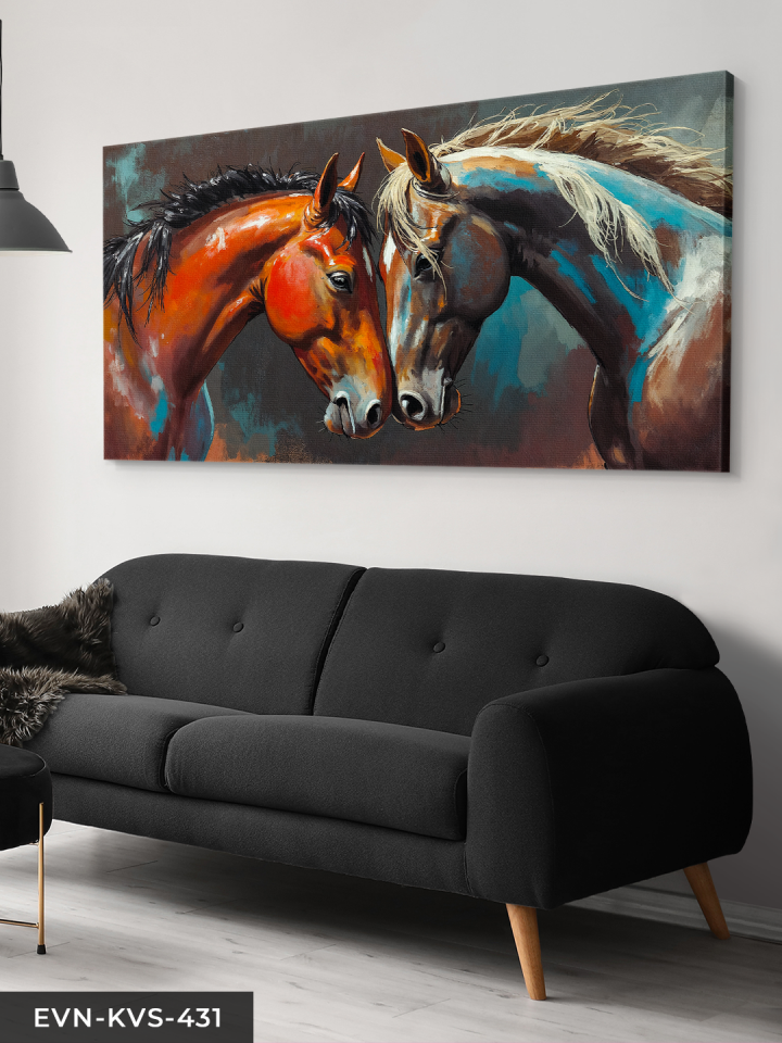 Yağlı Boya Görünümlü Asil Atlar Tek Parça Kanvas - Canvas Tablo 140 x 90 CM - Çok Renkli