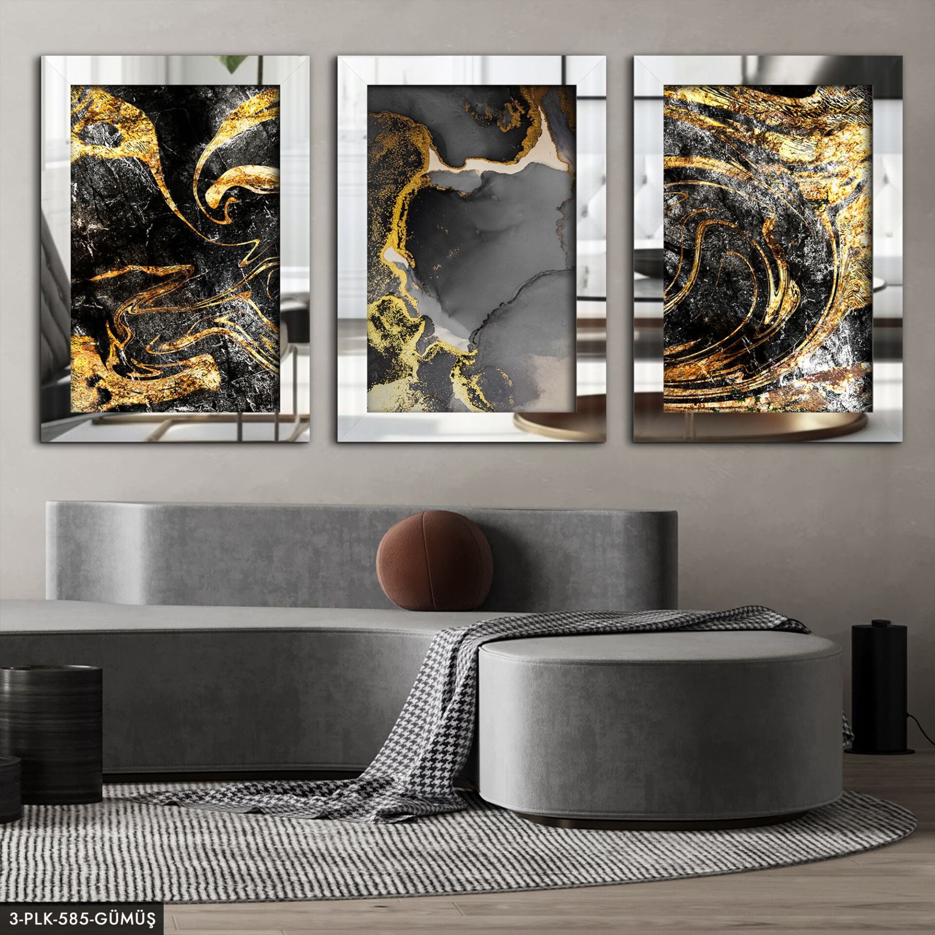 Soyut Tasarım 3 Parça Pleksi Aynalı Tablo 60 x 80 CM - Gümüş