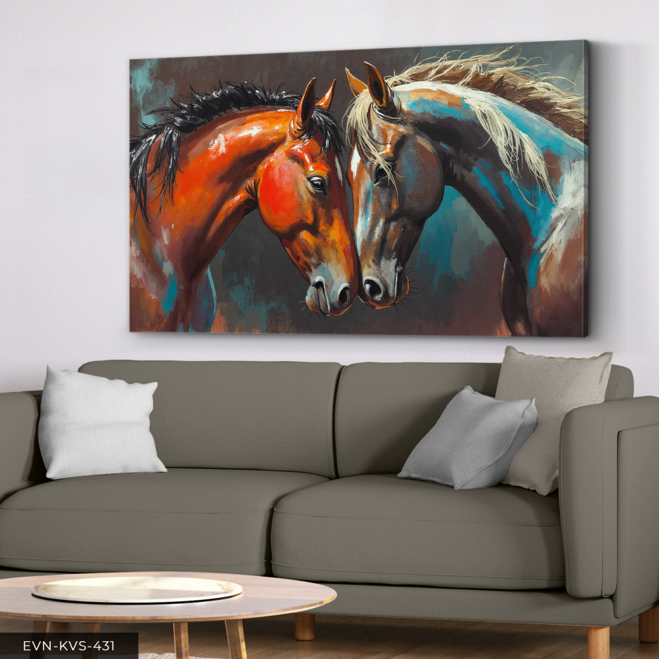 Yağlı Boya Görünümlü Asil Atlar Tek Parça Kanvas - Canvas Tablo 140 x 90 CM - Çok Renkli