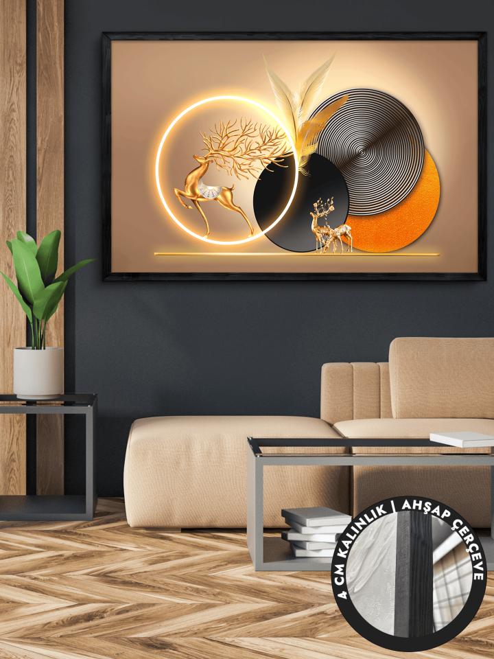 Gold Geyik Yuvarlak Desenler Tek Parça Çerçeveli Kanvas - Canvas Tablo 48x68 CM