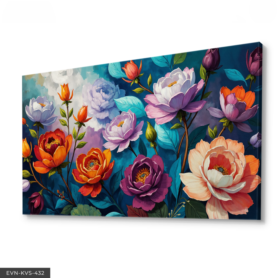 Mavi Yapraklı Turuncu ve Mor Çiçekler Tek Parça Kanvas - Canvas Tablo 140 x 90 CM - Çok Renkli