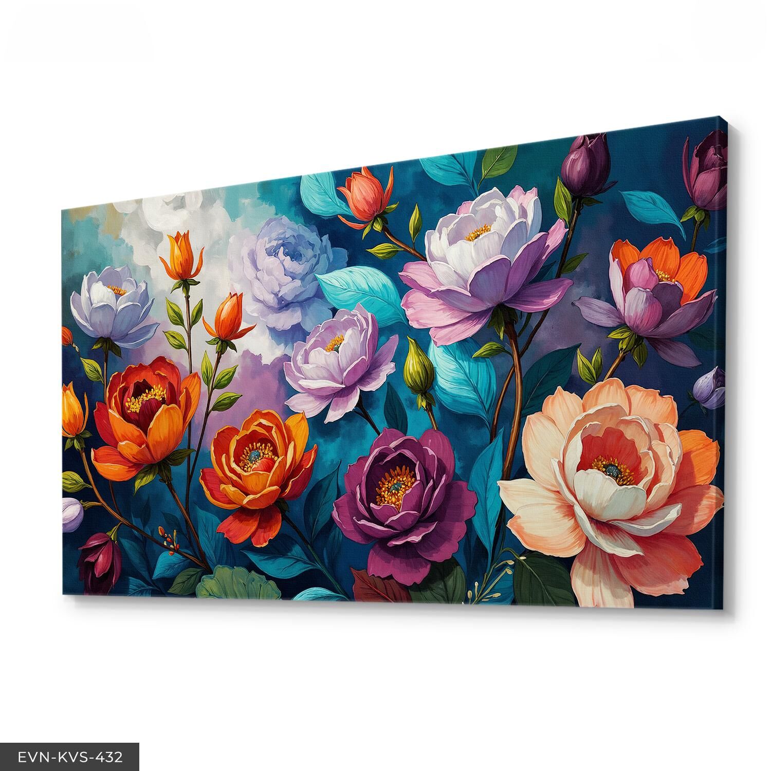 Mavi Yapraklı Turuncu ve Mor Çiçekler Tek Parça Kanvas - Canvas Tablo 40 x 30 CM - Çok Renkli