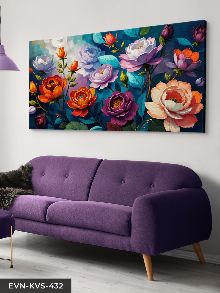 Mavi Yapraklı Turuncu ve Mor Çiçekler Tek Parça Kanvas - Canvas Tablo 140 x 90 CM - Çok Renkli