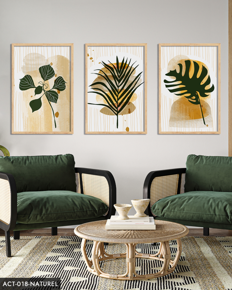 Yeşil Yaprak Tüy 3 Parça Ahşap Çerçeveli Tablo ACT Siyah - 40 x 60 CM