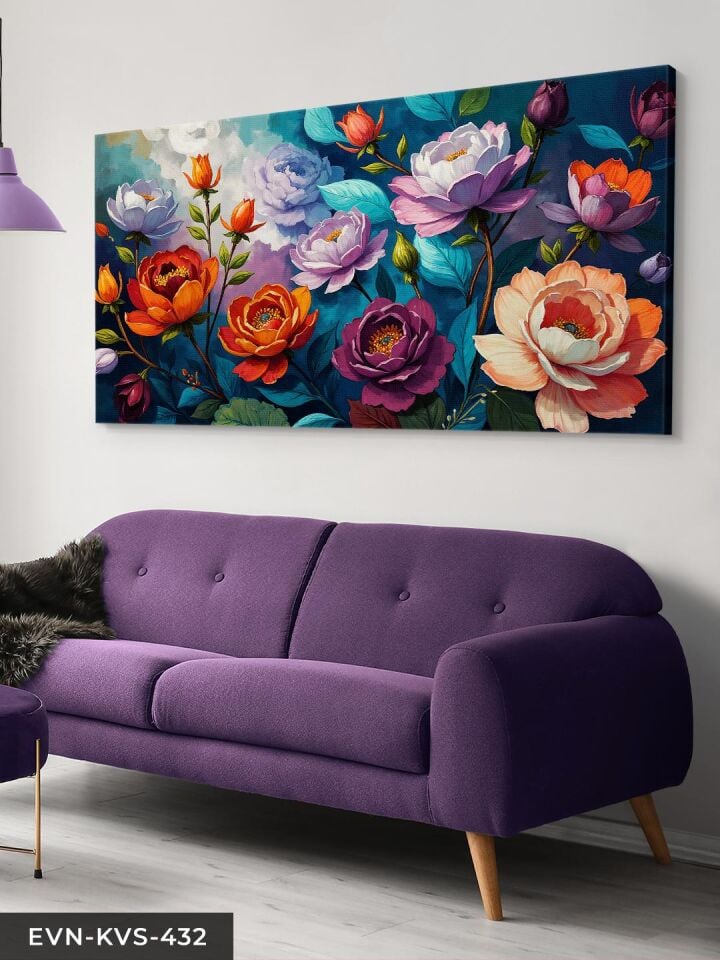 Mavi Yapraklı Turuncu ve Mor Çiçekler Tek Parça Kanvas - Canvas Tablo 40 x 30 CM - Çok Renkli