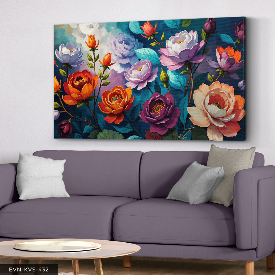 Mavi Yapraklı Turuncu ve Mor Çiçekler Tek Parça Kanvas - Canvas Tablo 140 x 90 CM - Çok Renkli
