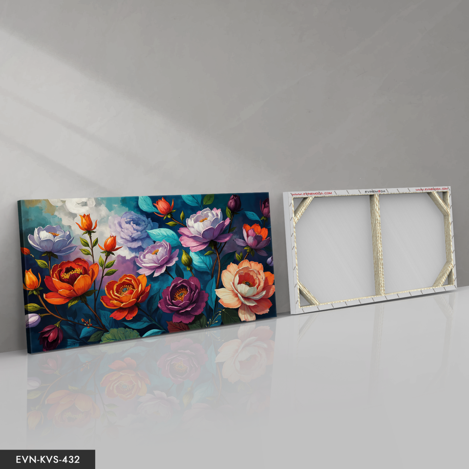 Mavi Yapraklı Turuncu ve Mor Çiçekler Tek Parça Kanvas - Canvas Tablo 140 x 90 CM - Çok Renkli