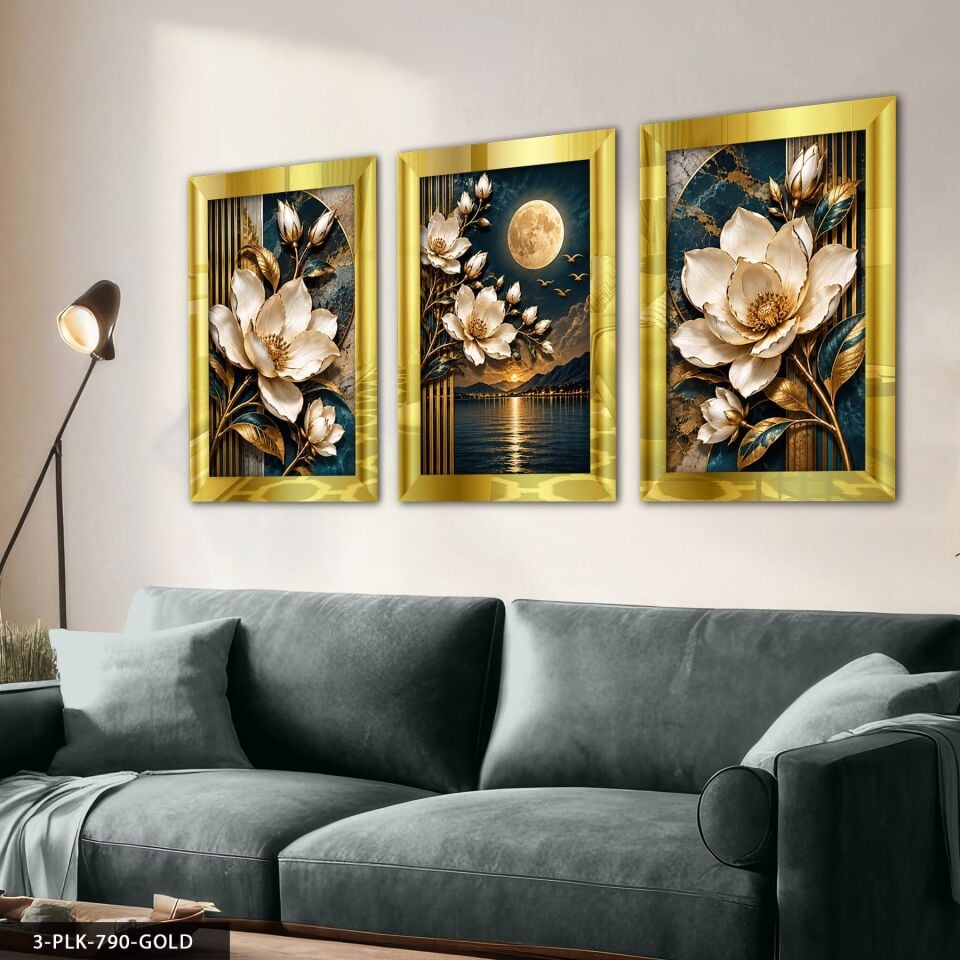 Ay Işığında Beyaz Çiçek 3 Parça Pleksi Aynalı Tablo 30 x 40 CM - Gold