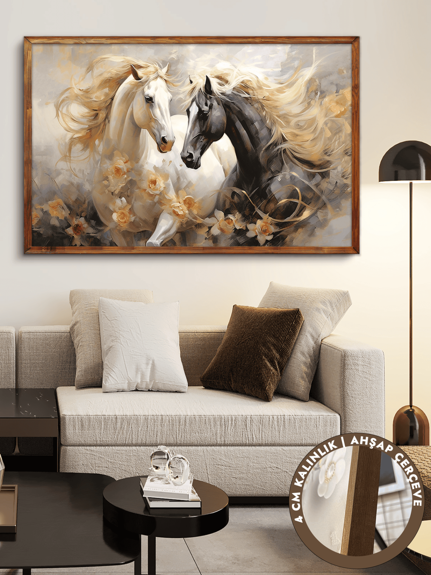 Asil Atlar Tek Parça Kahverengi Çerçeveli Kanvas - Canvas Tablo 48x68 CM