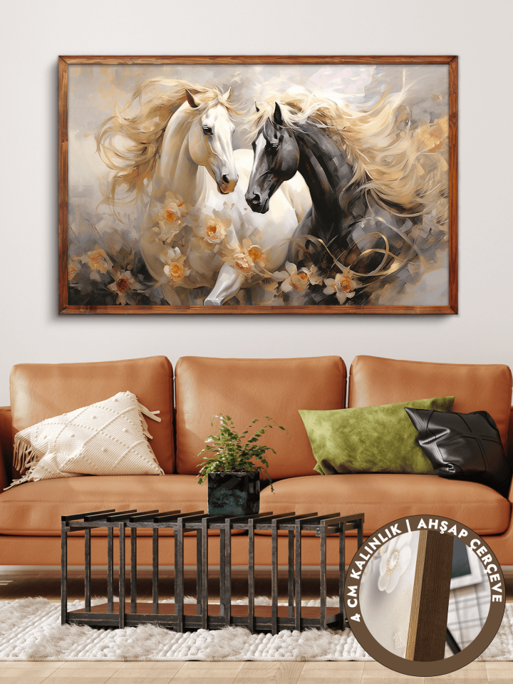 Asil Atlar Tek Parça Kahverengi Çerçeveli Kanvas - Canvas Tablo 48x68 CM