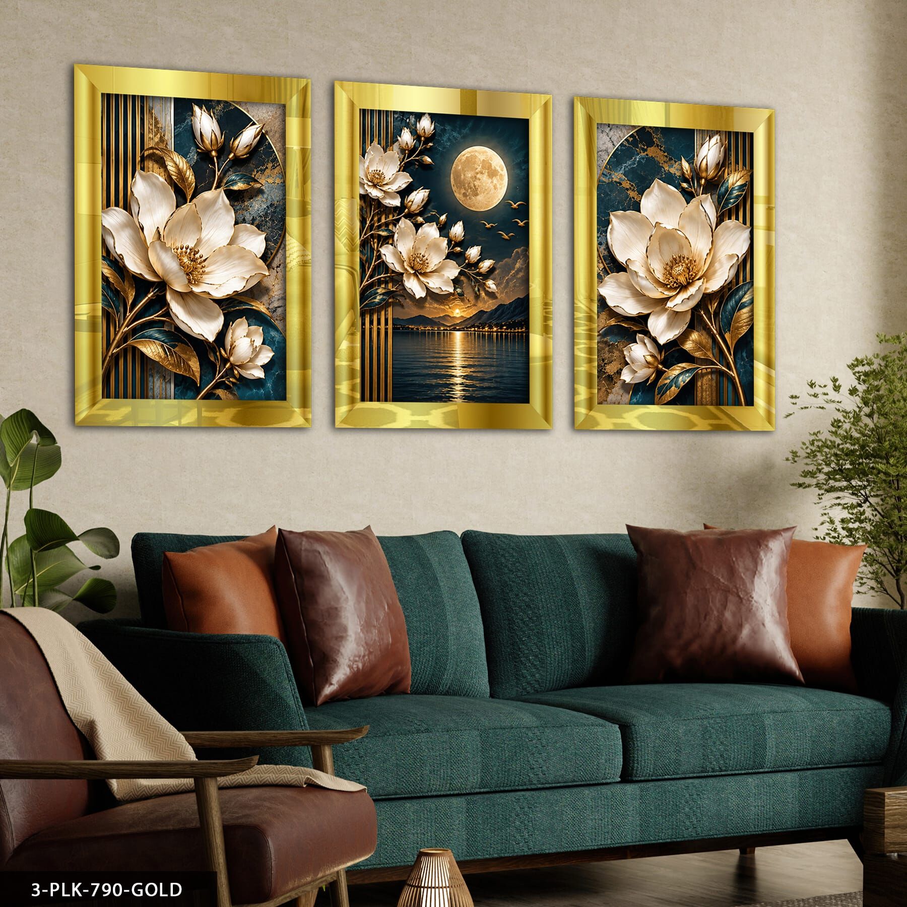 Ay Işığında Beyaz Çiçek 3 Parça Pleksi Aynalı Tablo 40 x 60 CM - Gold
