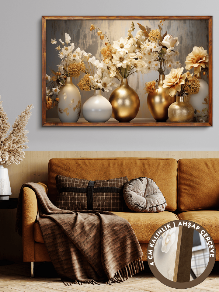 Gold Vazoda Çiçekler Tek Parça Kahverengi Çerçeveli Kanvas - Canvas Tablo 48x68 CM
