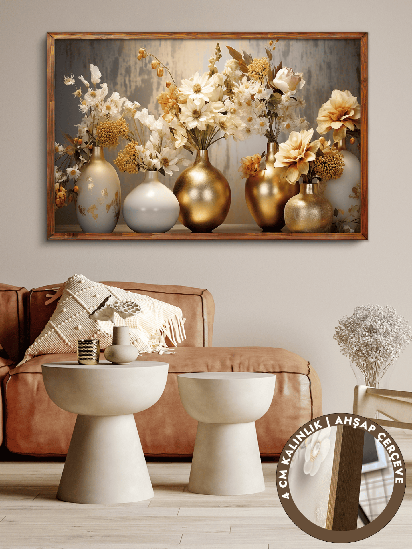 Gold Vazoda Çiçekler Tek Parça Kahverengi Çerçeveli Kanvas - Canvas Tablo 48x68 CM