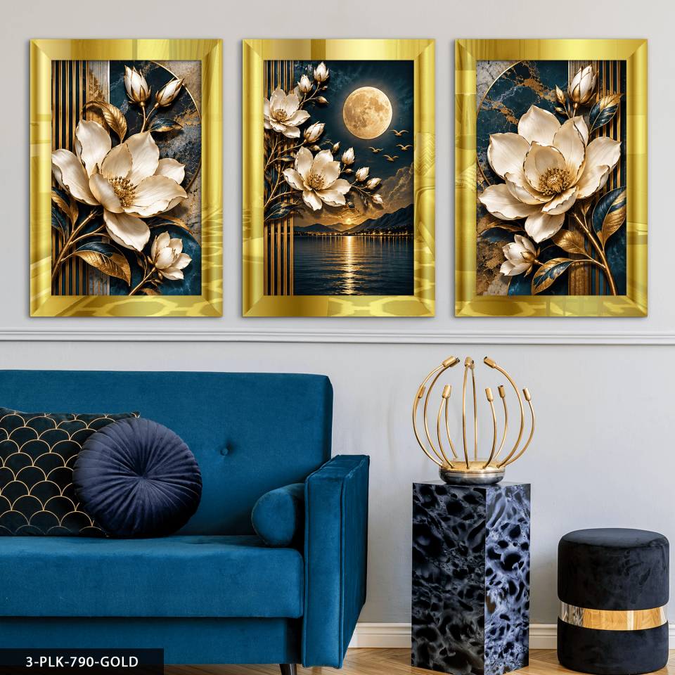 Ay Işığında Beyaz Çiçek 3 Parça Pleksi Aynalı Tablo 50 x 70 CM - Gold
