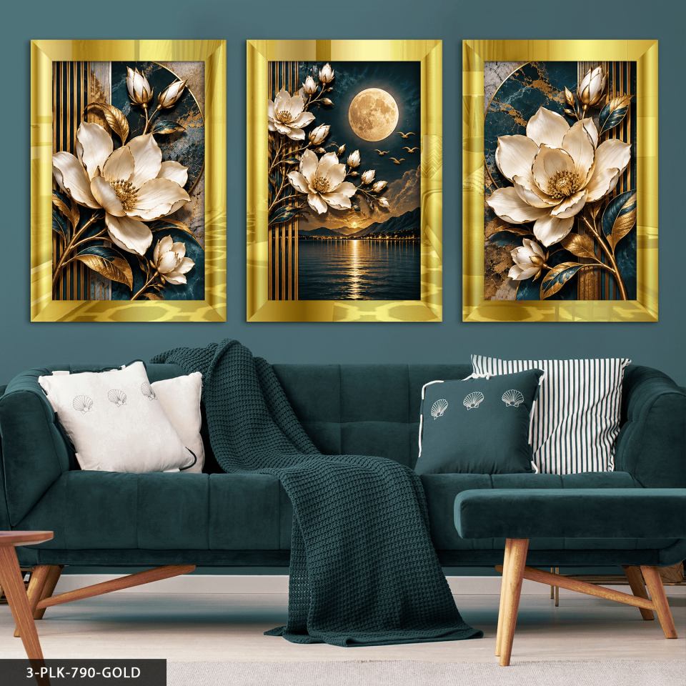 Ay Işığında Beyaz Çiçek 3 Parça Pleksi Aynalı Tablo 50 x 70 CM - Gold