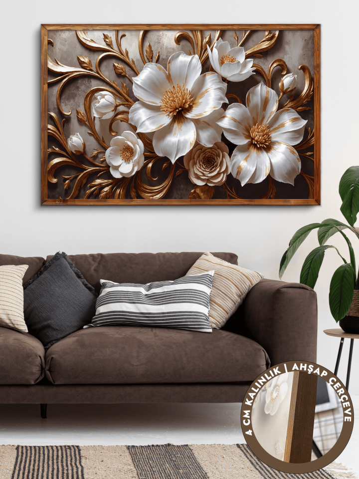 Gold Detaylı Beyaz Çiçek Tek Parça Kahverengi Çerçeveli Kanvas - Canvas Tablo 48x68 CM