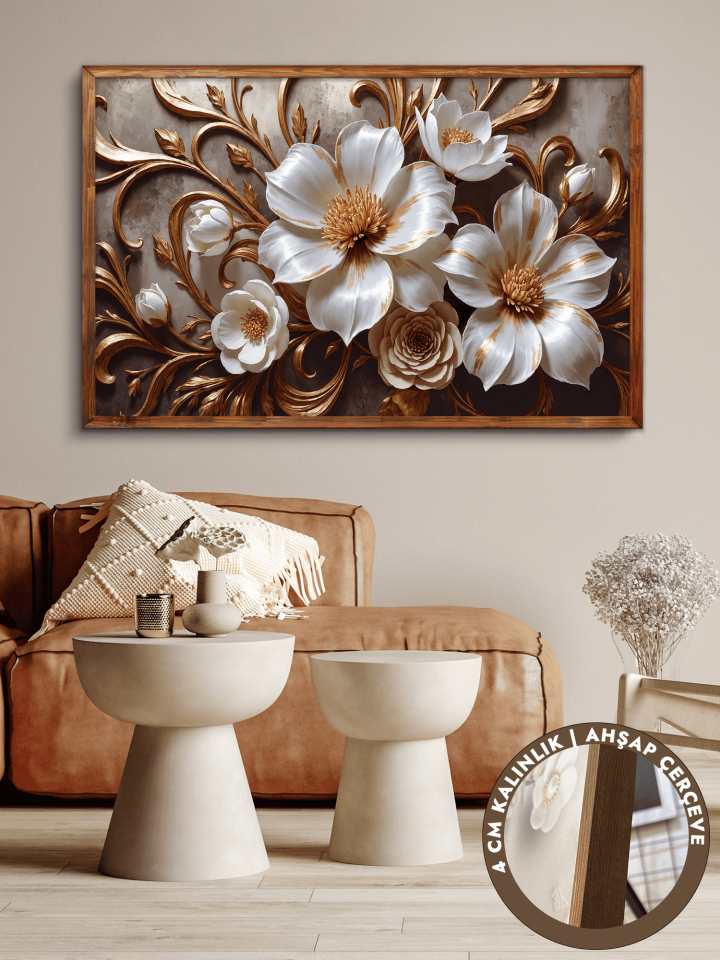 Gold Detaylı Beyaz Çiçek Tek Parça Kahverengi Çerçeveli Kanvas - Canvas Tablo 48x68 CM