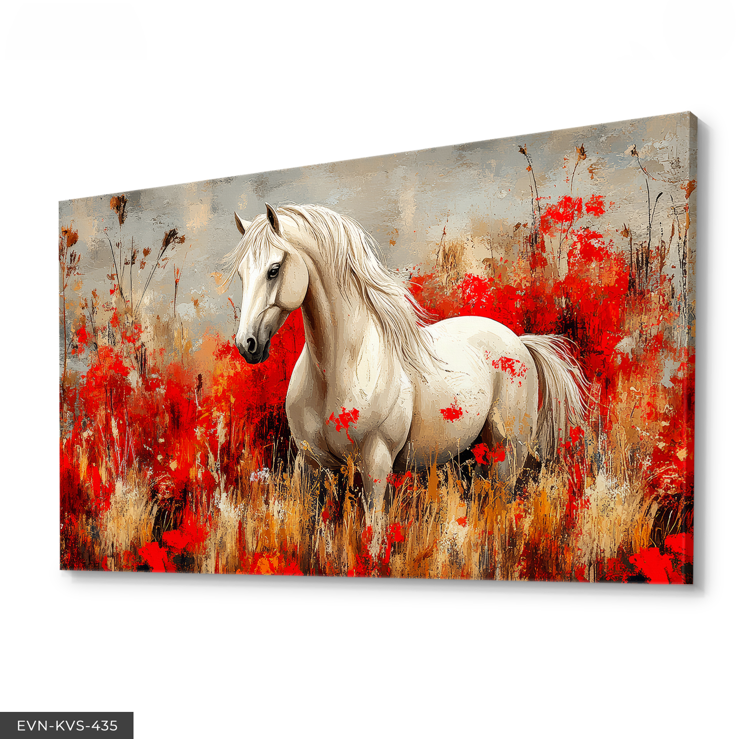 Kırmızı Çiçekler İçinde Beyaz At Tek Parça Kanvas - Canvas Tablo 140 x 90 CM - Çok Renkli