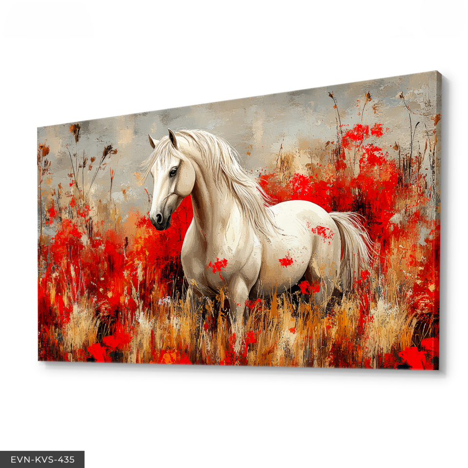 Kırmızı Çiçekler İçinde Beyaz At Tek Parça Kanvas - Canvas Tablo 140 x 90 CM - Çok Renkli