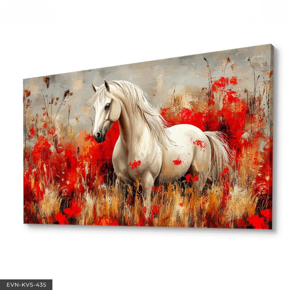 Kırmızı Çiçekler İçinde Beyaz At Tek Parça Kanvas - Canvas Tablo