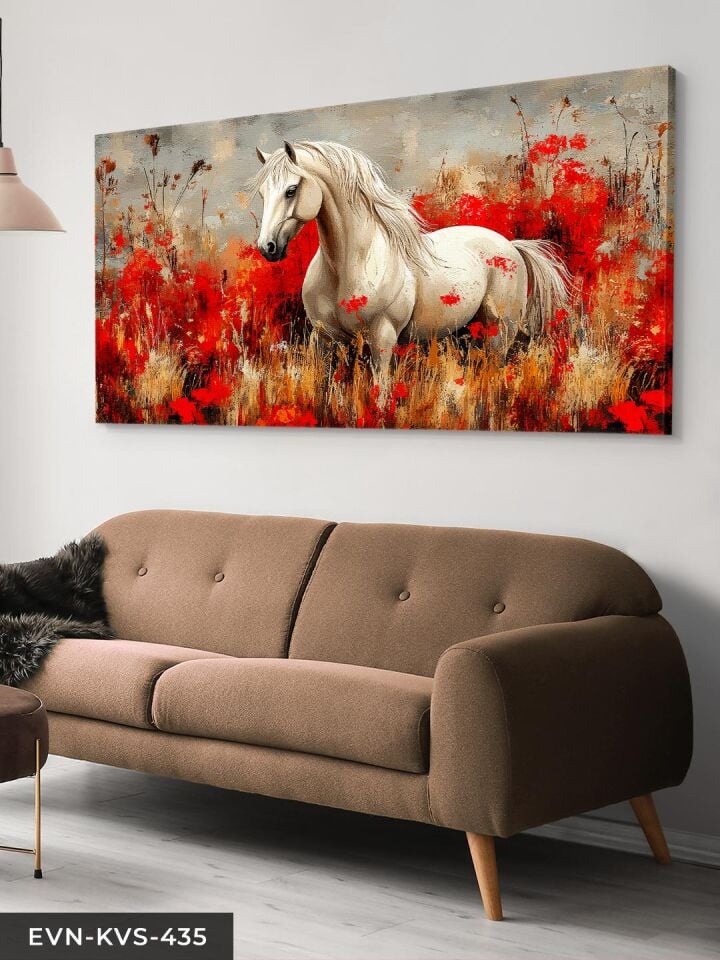Kırmızı Çiçekler İçinde Beyaz At Tek Parça Kanvas - Canvas Tablo 40 x 30 CM - Çok Renkli