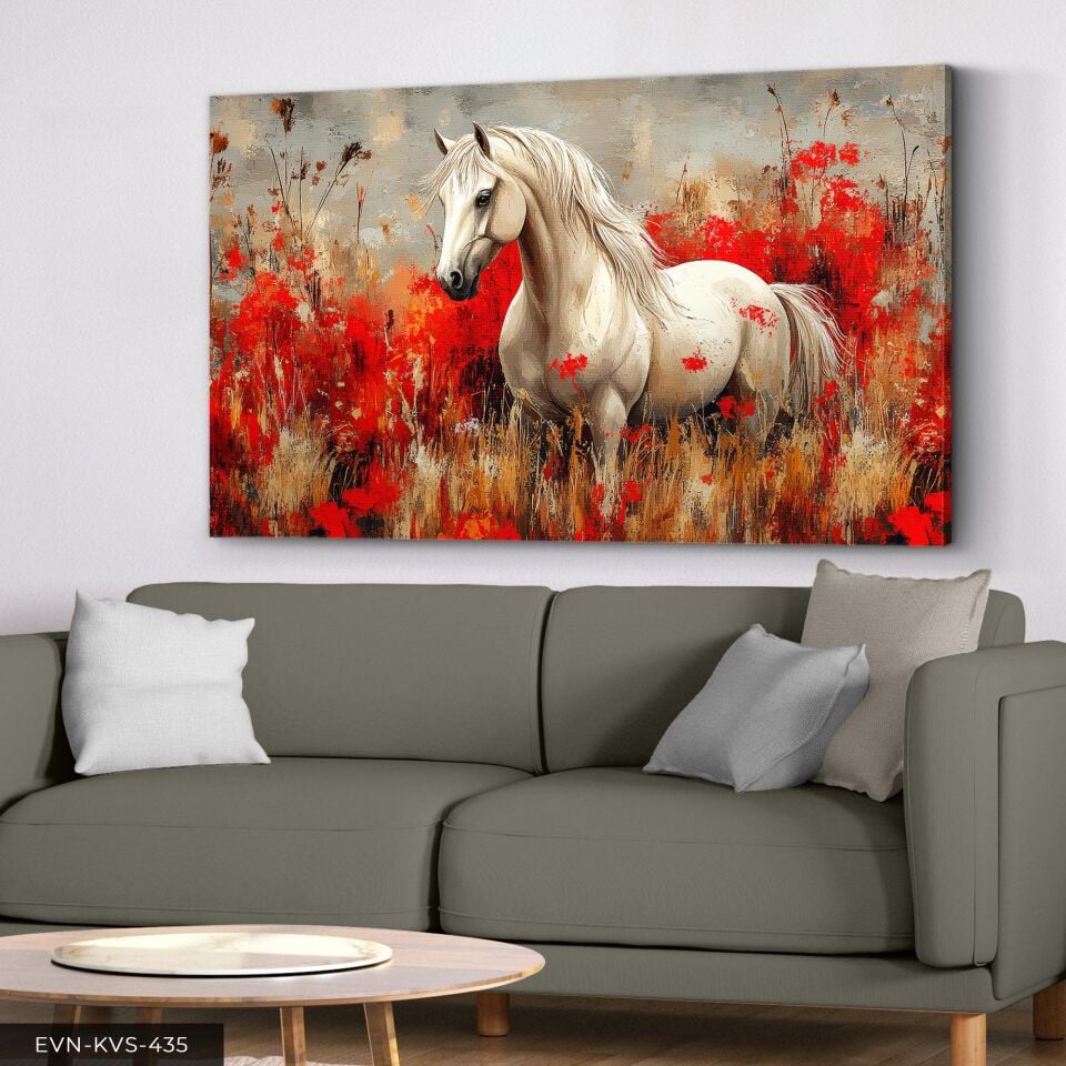 Kırmızı Çiçekler İçinde Beyaz At Tek Parça Kanvas - Canvas Tablo 40 x 30 CM - Çok Renkli