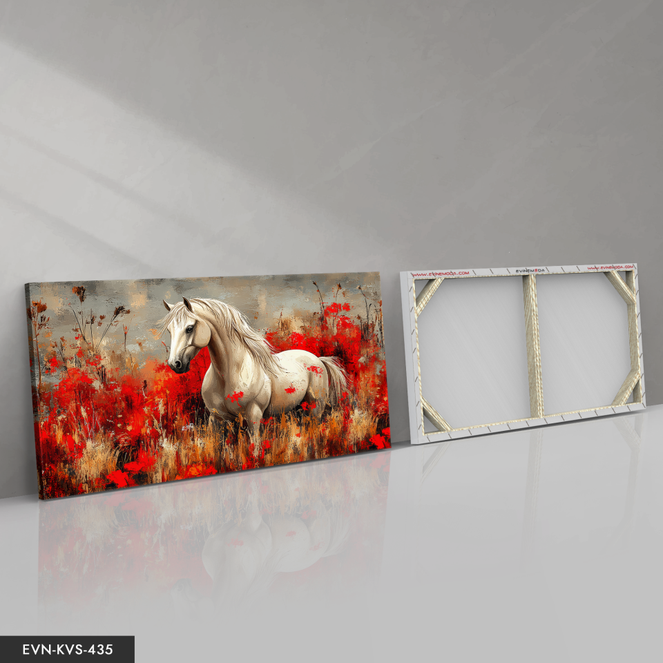 Kırmızı Çiçekler İçinde Beyaz At Tek Parça Kanvas - Canvas Tablo 140 x 90 CM - Çok Renkli