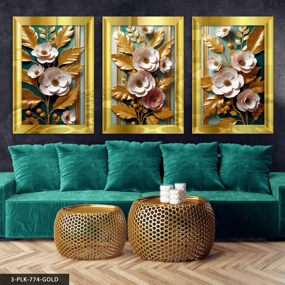 Gold Yapraklı Pembe Çiçekler 3 Parça Pleksi Aynalı Tablo 30 x 40 CM - Gold