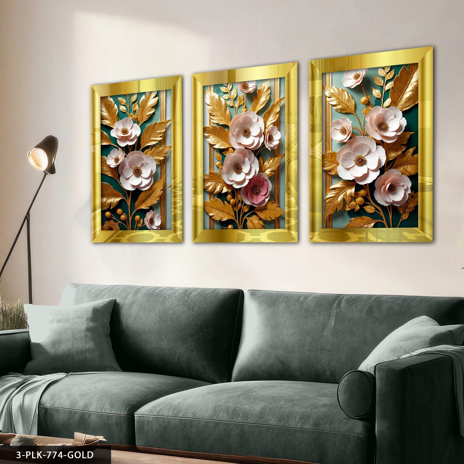 Gold Yapraklı Pembe Çiçekler 3 Parça Pleksi Aynalı Tablo 30 x 40 CM - Gold