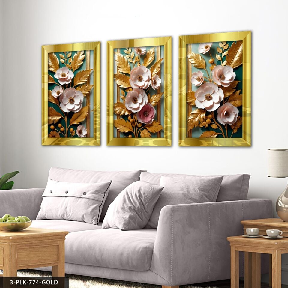 Gold Yapraklı Pembe Çiçekler 3 Parça Pleksi Aynalı Tablo 30 x 40 CM - Gold