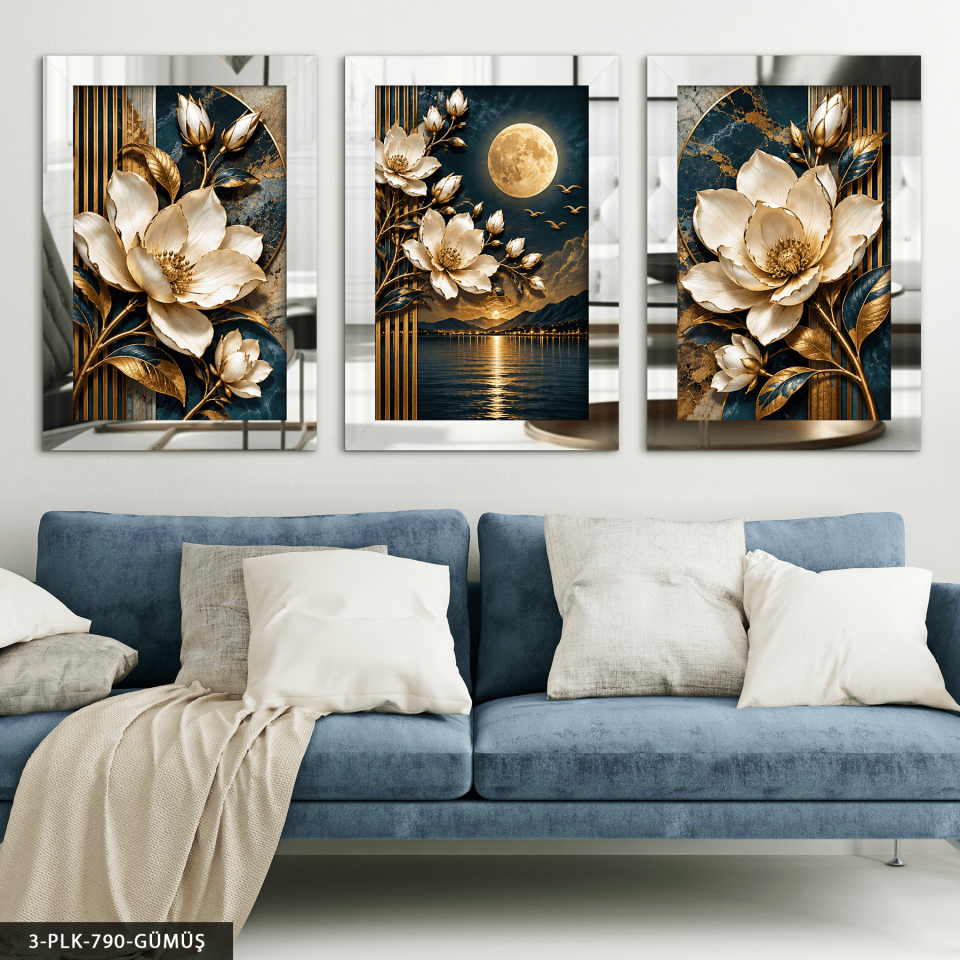 Ay Işığında Beyaz Çiçek 3 Parça Pleksi Aynalı Tablo Gümüş - 30 x 40 CM
