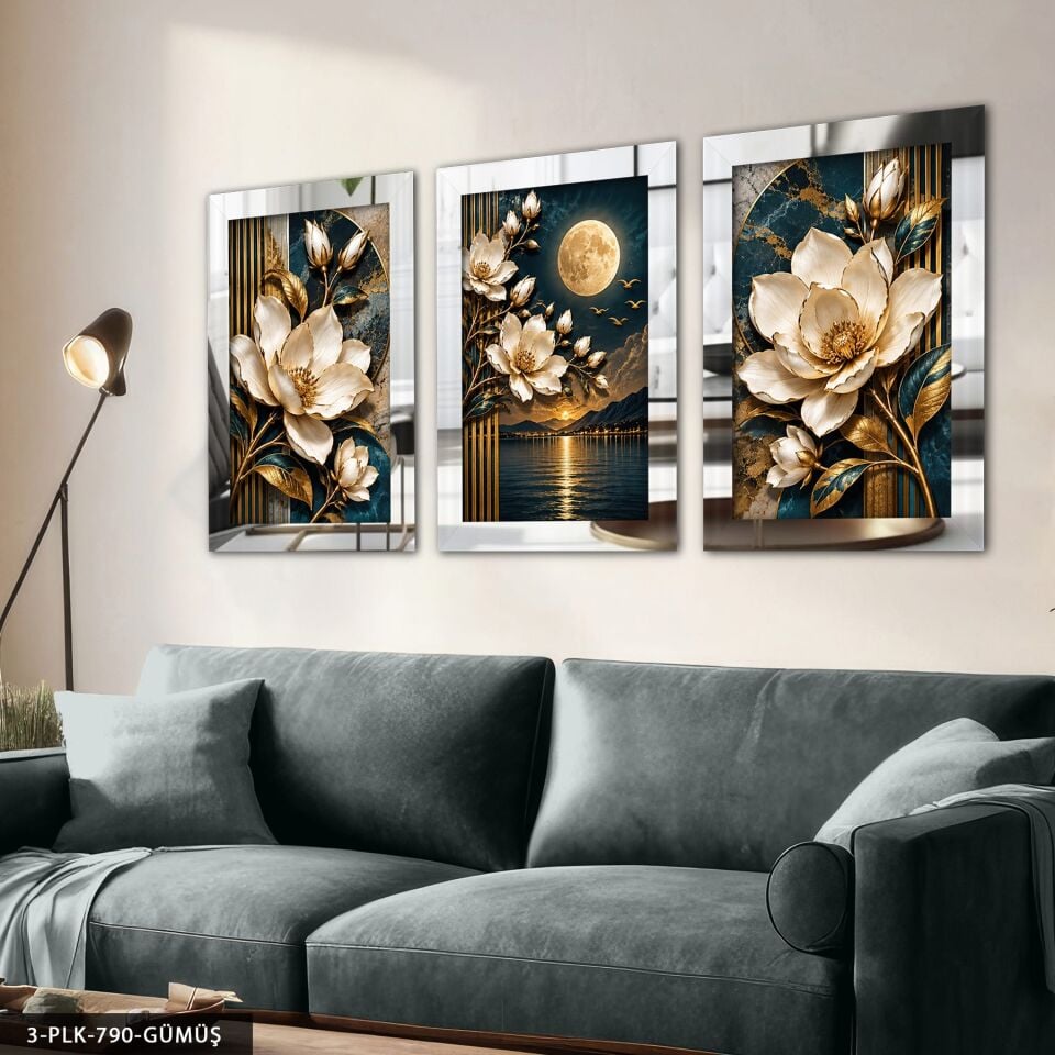 Ay Işığında Beyaz Çiçek 3 Parça Pleksi Aynalı Tablo Gümüş - 30 x 40 CM