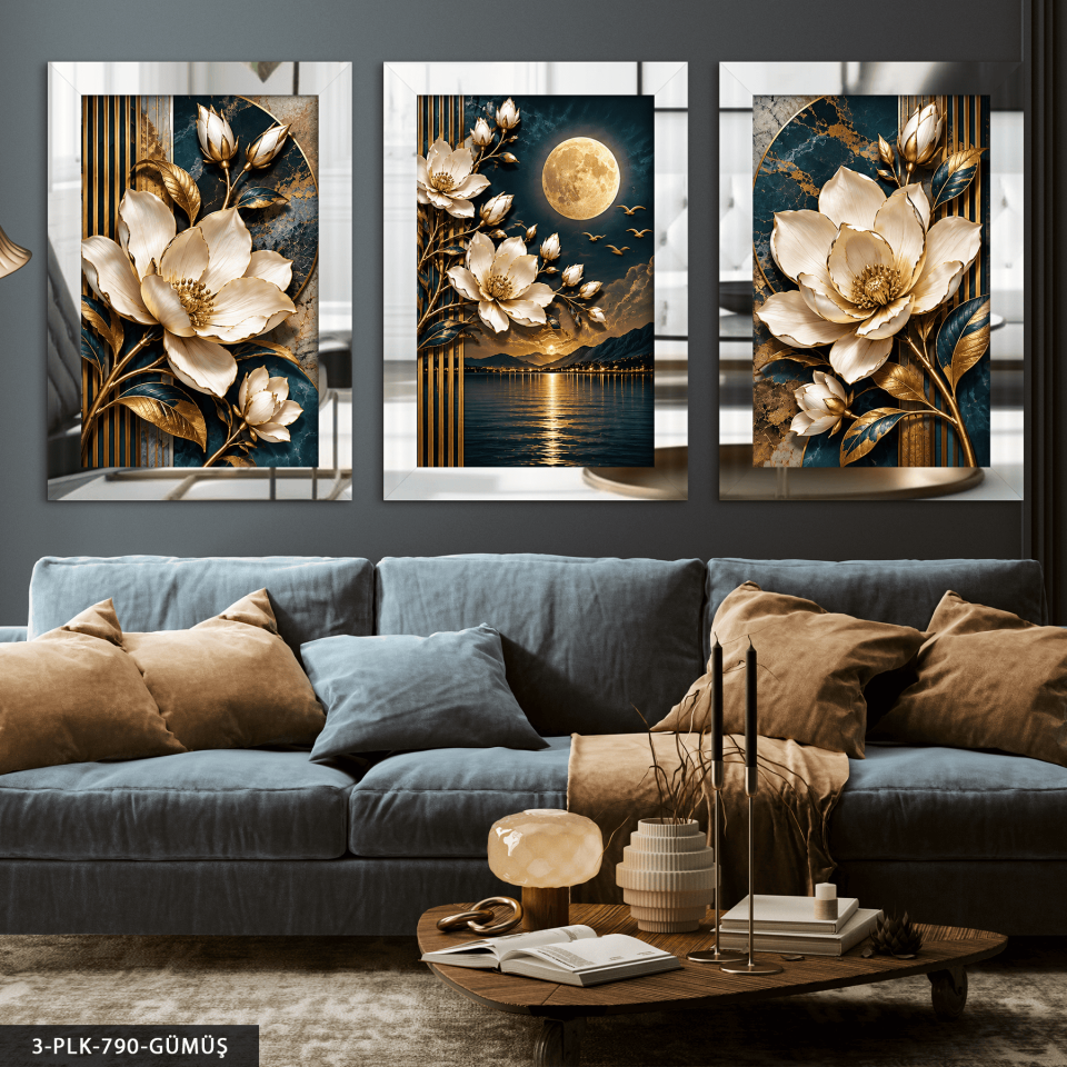 Ay Işığında Beyaz Çiçek 3 Parça Pleksi Aynalı Tablo Gümüş - 30 x 40 CM