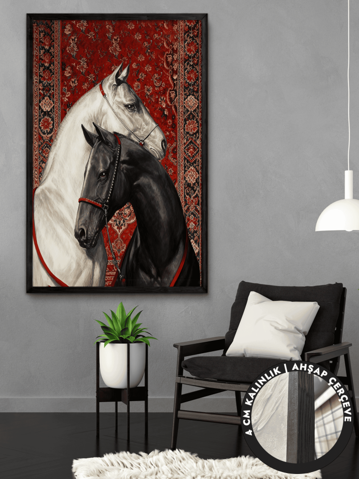Siyah ve Beyaz At Tek Parça Siyah Çerçeveli Kanvas - Canvas Tablo 48x68 CM