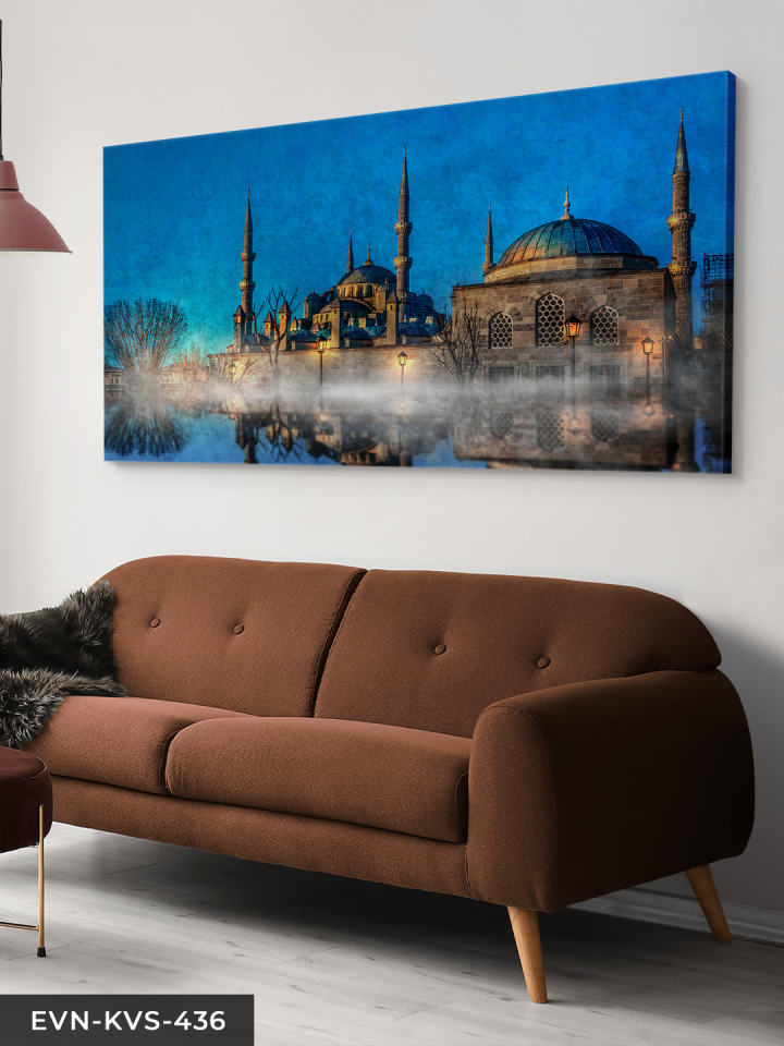 Yağlı Boya Görünümlü Camii Tek Parça Kanvas - Canvas Tablo 140 x 90 CM - Çok Renkli