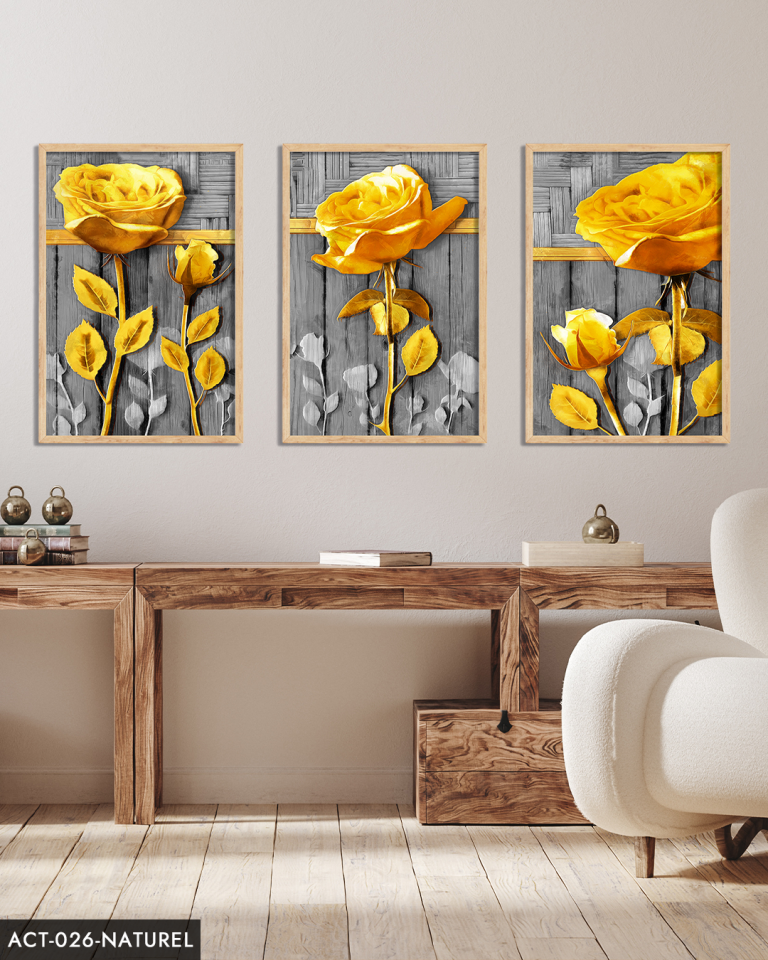 Gold Çiçek 3 Parça Ahşap Çerçeveli Tablo ACT Siyah - 40 x 60 CM