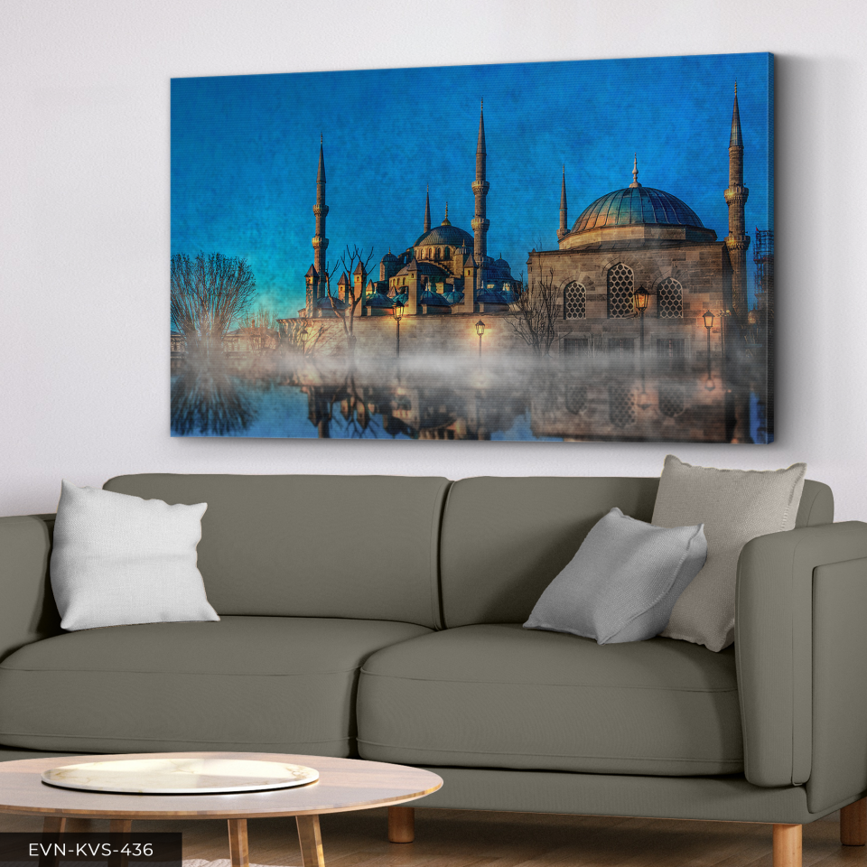 Yağlı Boya Görünümlü Camii Tek Parça Kanvas - Canvas Tablo 140 x 90 CM - Çok Renkli