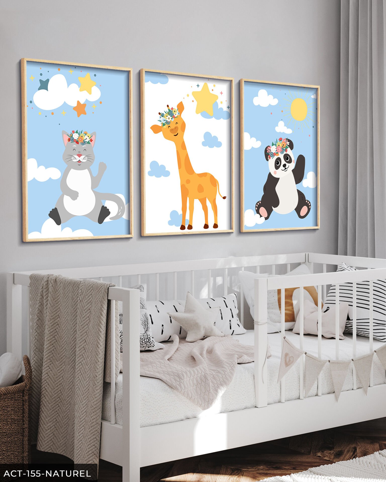 Küçük Kedi Panda ve Zürafa 3 Parça Ahşap Çerçeveli Tablo ACT Naturel - 20 x 30 CM